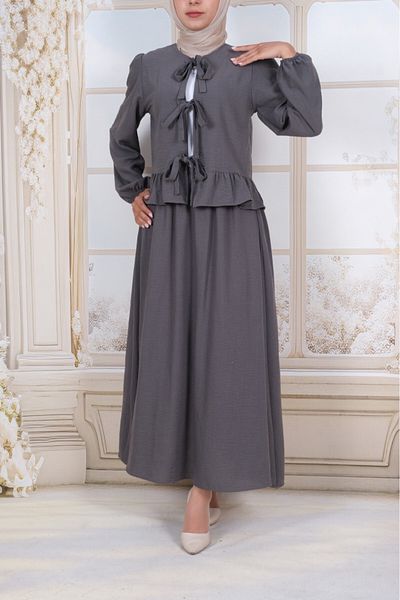 Modamorfo Lace-Up Front Sleeve Elastic Skirt Suit - Smoked