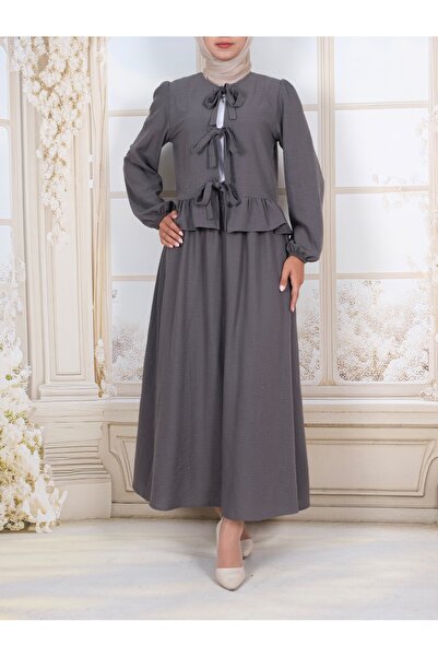 Modamorfo Lace-Up Front Sleeve Elastic Skirt Suit - Smoked