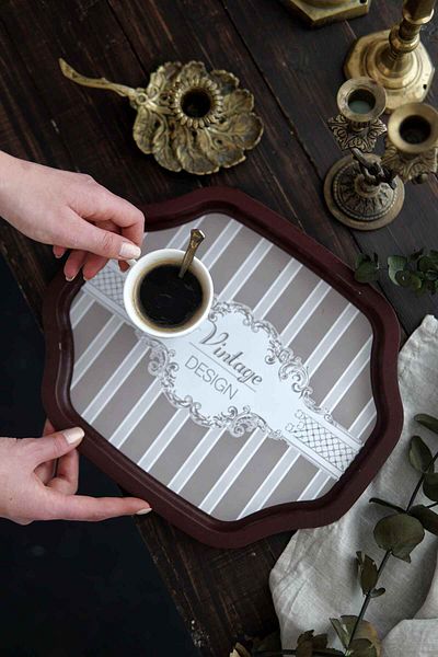EVLE Ee166-8b Elegance Burgundy Patterned Special Shape Tray 28x33 Cm