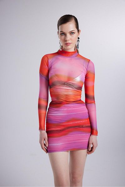 HOLLY LOLLY Turtleneck Lined Mini Multicolor Double Inferno Suit Pink