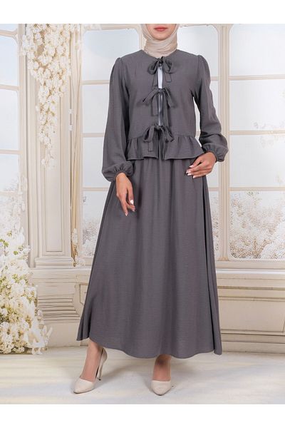 Modamorfo Lace-Up Front Sleeve Elastic Skirt Suit - Smoked