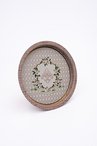 EVLE Rosy Desenli Yuvarlak Metal Tepsi - Çay Kahve Tepsisi - Sunum Tepsisi 37 Cm Ee163-u7