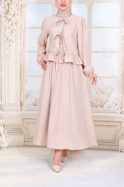 Modamorfo Lace-Up Front Sleeve Elastic Skirt Suit -Beige