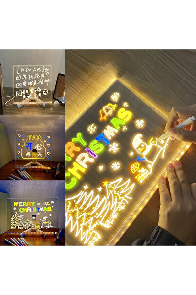Genel Markalar Yeni Tasarım 30x20 Neon Led Işıklı Büyük Boy Yazı Çizim Tahtası Ayarlanabilir Stant Ve Kalem Hediye