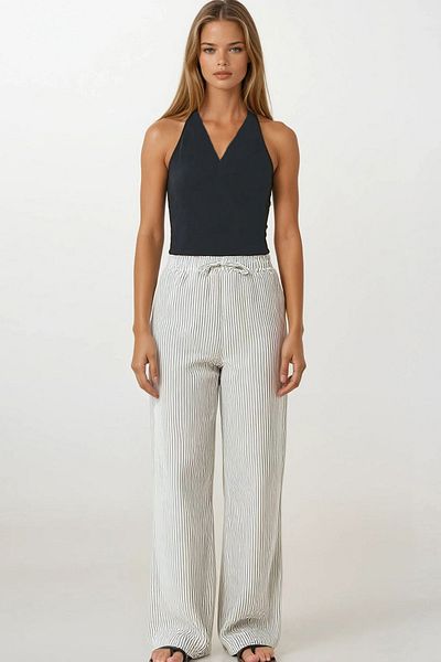 VAGGON Women's Anthracite Double Pocket Striped Muslin Palazzo Trousers Vs00197