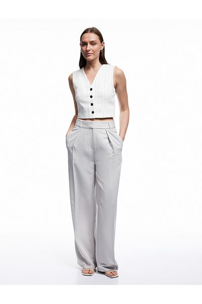 Koton Modal Fabric Blend Pleat Detail High Waist Wide Leg Palazzo Pants with Pockets