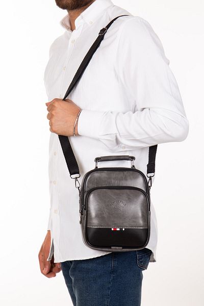 Newish Men's Gray Vegan Leather Cross Shoulder and Hand Bag with Phone Compartment