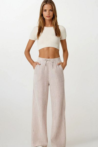 VAGGON Women's Pink Double Pocket Striped Muslin Palazzo Pants Vs00197