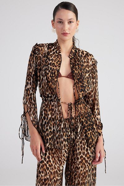 HOLLY LOLLY Leopard Patterned Chiffon Savage Shirt - Brown with Tie Detail