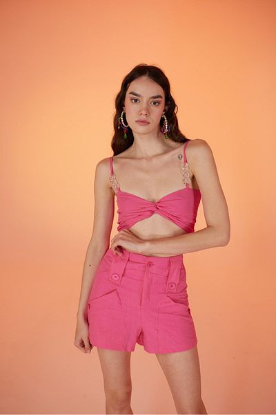 HOLLY LOLLY Koton Fabric Transparent Rise Chain Detailed Blouse Pink