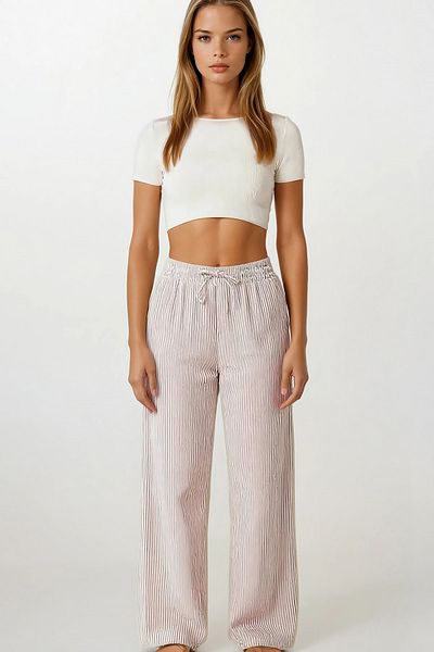 VAGGON Women's Pink Double Pocket Striped Muslin Palazzo Pants Vs00197