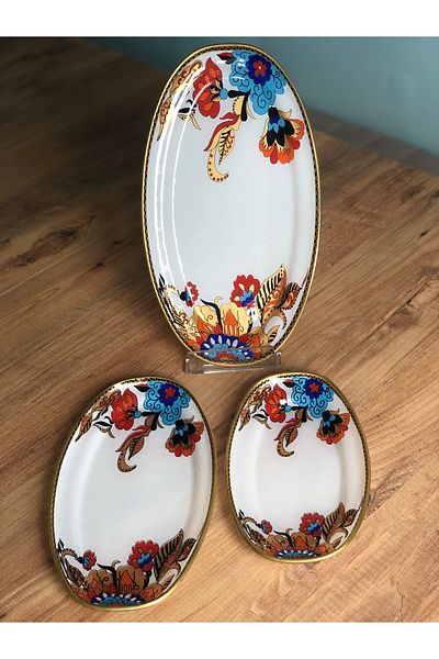 B&M White Flower Patterned Presentation Boat Plate - Set of 3