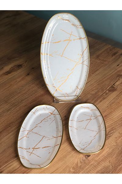 B&M 3-Piece White Marble Patterned Boat Plate Set