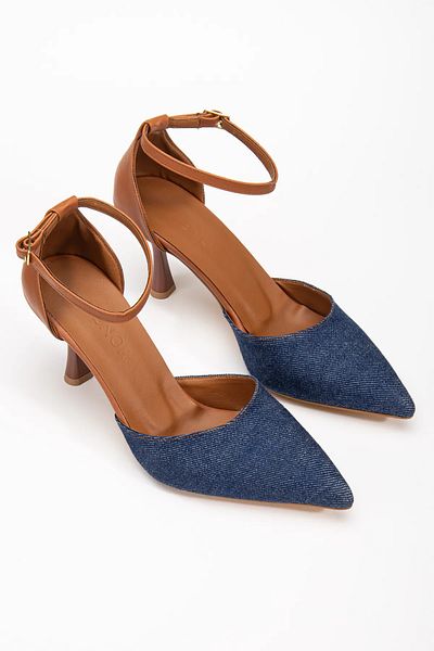DİGGO Navy Blue Denim Denim Ankle Strap Pointed Toe Thin Heeled Shoes