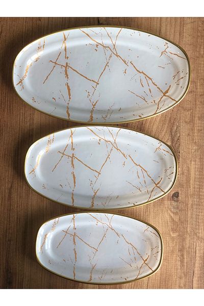 B&M 3-Piece White Marble Patterned Boat Plate Set