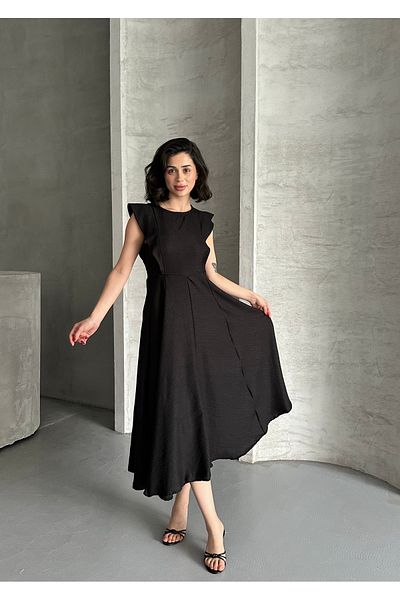 Moda Palmiss Women's Black Flounce Detailed Sleeveless Flared Dress