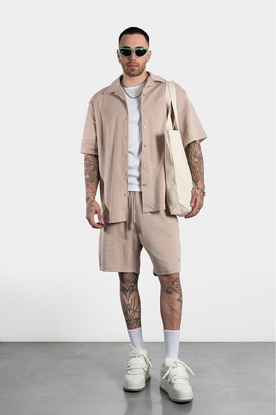 Twobucks Beige Pique Men's Shirt and Shorts Set