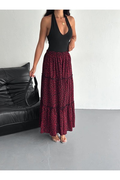 misslike fashion Kadın Kırmızı Renk Beli Lastikli Fırfırlı Dokuma Kumaş Uzun Etek Boy 100 Cm