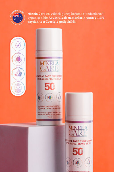 Minela Care Akneye Meyilli Ciltler Için Organik Mineral Filtreli Yüksek Uv Korumalı Yüz Güneş Kremi 50 Spf 70 gr