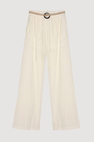 Quzu Embroidered Waist Wide Leg Trousers with Buckle Accessories Ecru