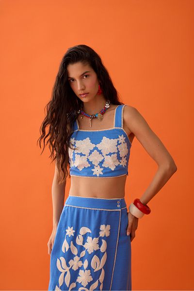 Quzu Κέντημα Floral εμπριμέ Μπλούζα Bustier με Χοντρό λουράκι Μπλε