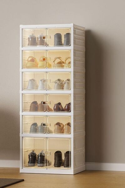 Piev 6 Katlı 12 Çift Ayakkabı Kapasiteli Mıknatıs Kapaklı Toz Geçirmez Ayakkabılık Beyaz
