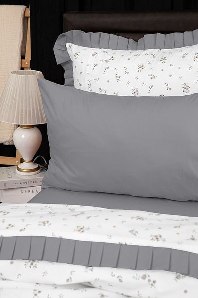 FAVORA Σετ Παπλωματοθήκη Floria Premium 100% βαμβακερό βολάν - Γκρι