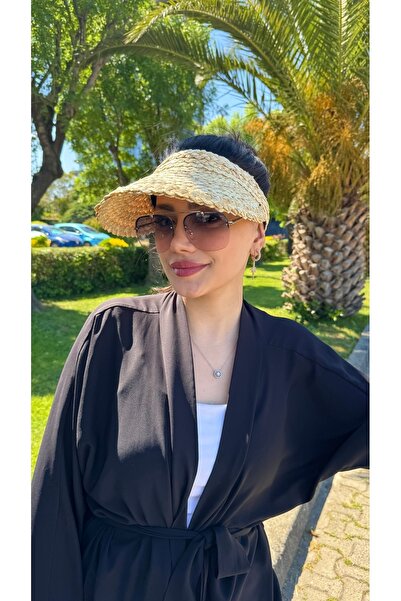 Luminos Butik Bej Desenli Hasır Vizör Şapka Güneşten Koruma Estetik Duruş Günlük Kullanıma Uygun HSR2114