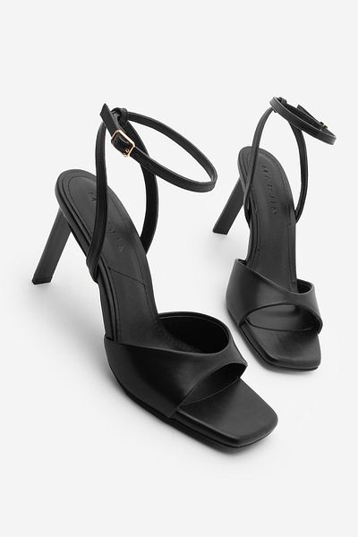 Marjin Women's Black Heeled Sandals Vados Blunt Toe Ankle Strap