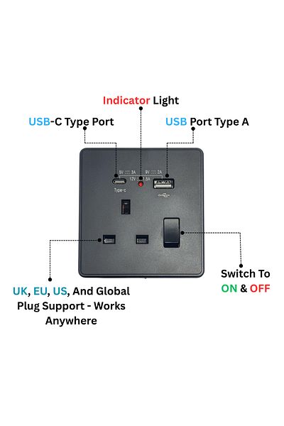 Generic مقبس طاقة حائطي عالمي أسود غير لامع مع شحن سريع USB وType-C