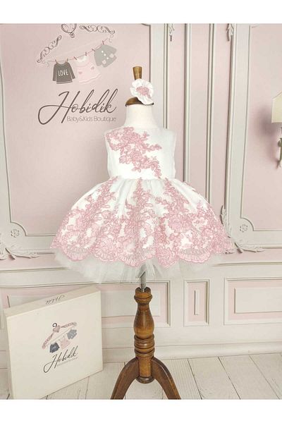 Hobidik Girl's Pink Lace White Fluffy Dress