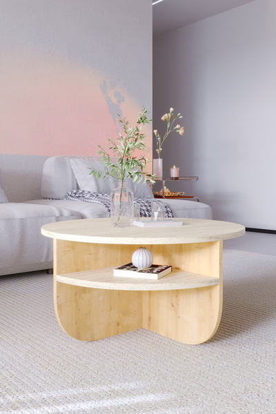 OBİ Atölye Rubo Orta Sehpa Raflı Iskandinav Orta Sehpa 72 Cm, Bohem - Traverten & Safir Meşe