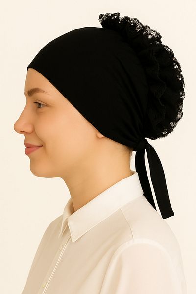 Merve Nayir Black Ruffled Silicone Lycra Combed Cotton Non-Slip Bonnet, Non-Slip Hijab Bonnet