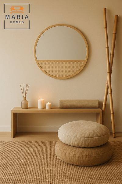 MARIA HOMES Round Wall Mirror 100 cm – Natural Wood Frame with Rattan Design