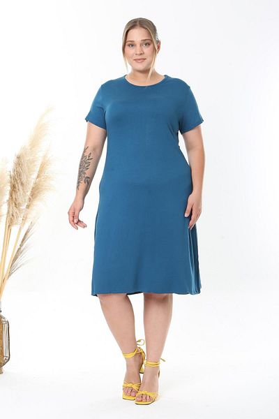 Madwilo Γυναικείο Petrol Blue Plus Size Stretchy Midi Φόρεμα