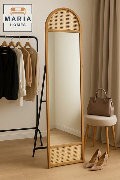 MARIA HOMES Arched Rattan Full-Length Standing Mirror Natural Wood Frame Mirror for Bedroom & Dressing Area