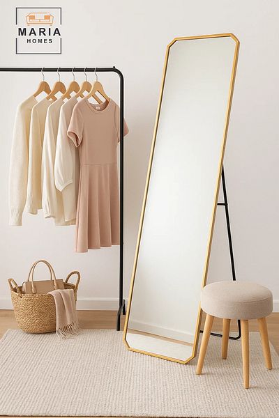 MARIA HOMES Gold Full-Length Standing Mirror with Angled Corners – 160x40cm Elegant Bedroom Dressing Mirror