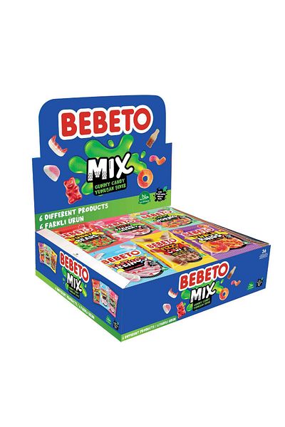 BEBETO Mix 18g – Cutie 36 Bucăți, 6 Arome Asortate (Ursuleți, Cola, Fructe, Inimi)