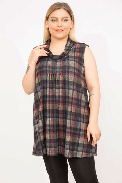 Şans Women's Colorful Plus Size Plaid Patterned Lycra Tunic with Ribbed Stitching on the Chest 65n35762
