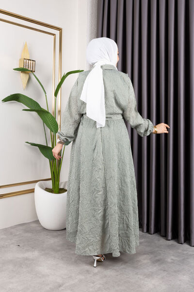 Sfg Life Moda Γυναικείο Μιντ Χιτζάμπ Ρούχα Πουκάμισο Λεπτομερές Ριγέ Φόρεμα από Βισκόζη Κρασί Φόρεμα Διπλό Σετ