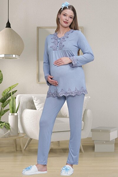 By Mecit Pijama طقم بيجامة للأمهات بأكمام طويلة ومفصلات مطرزة