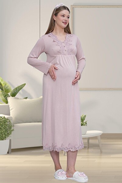 By Mecit Pijama Women's Long Sleeve Embroidery Detailed Maternity Nightgown
