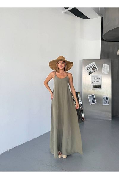 Ahsenbutik Women's Adjustable Strap Long Dress - Green