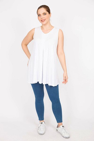 Şans Women's White Large Size Front A Pleated V-Neck Long Blouse 65n35950