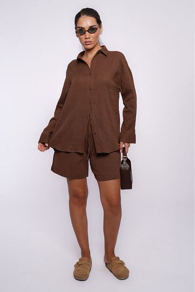 Seeh Brown Basic Muslin Shorts Shirt Set Sh230
