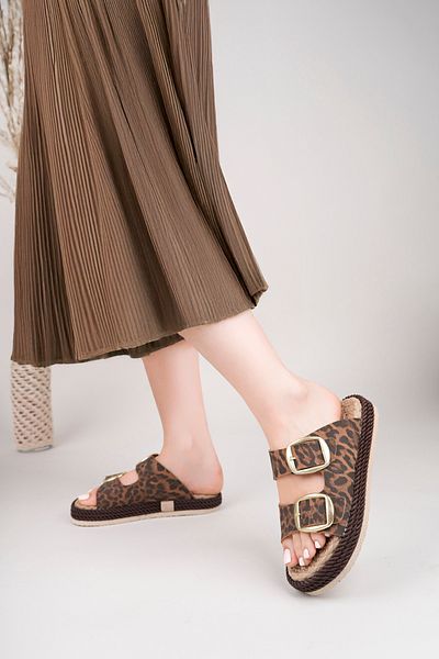 bakacstore Women's Leopard Patterned Daily Double Buckle Comfortable Sole Straw Sandals Slippers