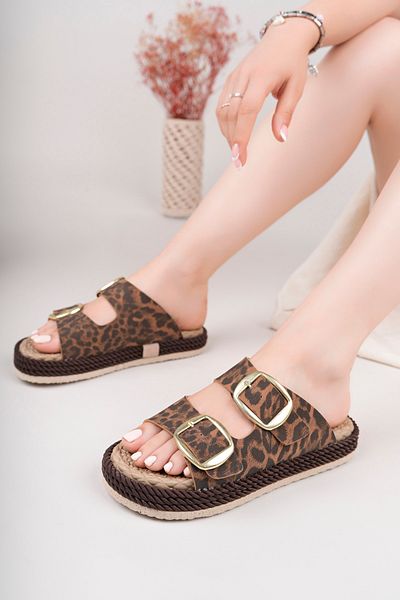 bakacstore Women's Leopard Patterned Daily Double Buckle Comfortable Sole Straw Sandals Slippers
