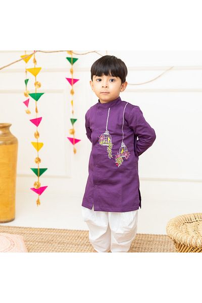 KeeBee Organic Cotton Birdcages Embroidered Purple Kurta Paired With Patiyala Pants