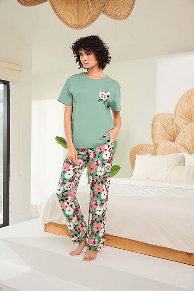 Aydoğan Women's Short Sleeve Green Viscose Pajama Suit
