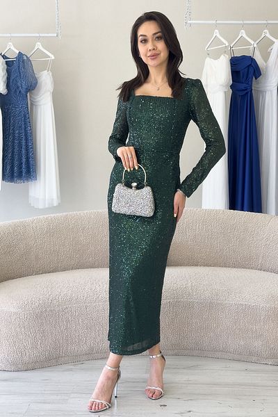 zks grup tekstil Navy Blue Claret Red Emerald Green Red Beige Black - Γυναικείο βραδινό φόρεμα με παγιέτες με τετράγωνο γιακά